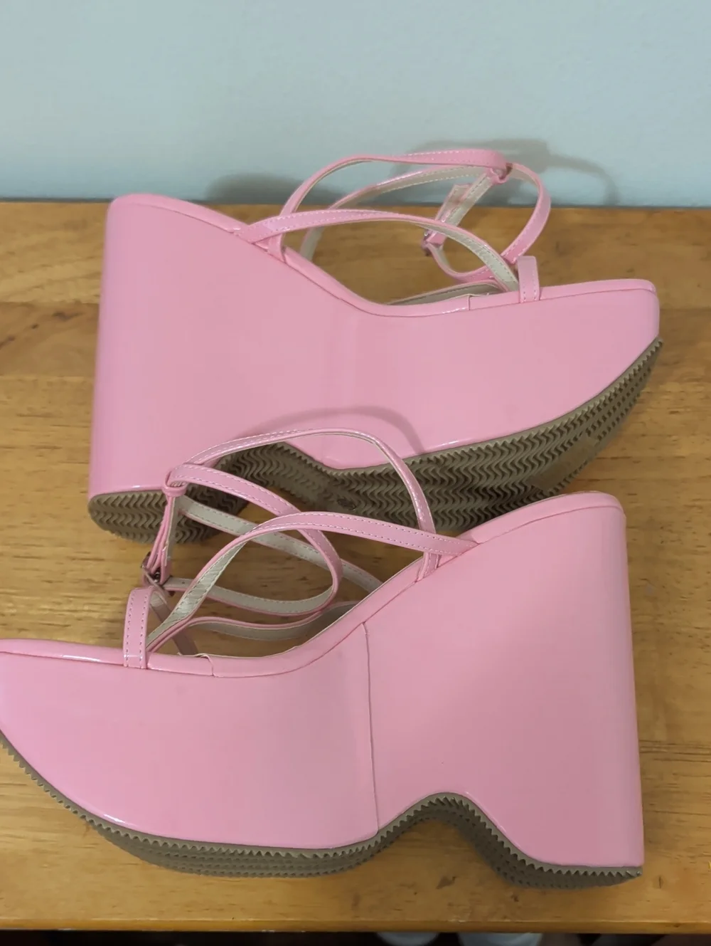 Bubblegum Pink Platform Wedge Sandals Strappy Party Heels Women's Size 8.5